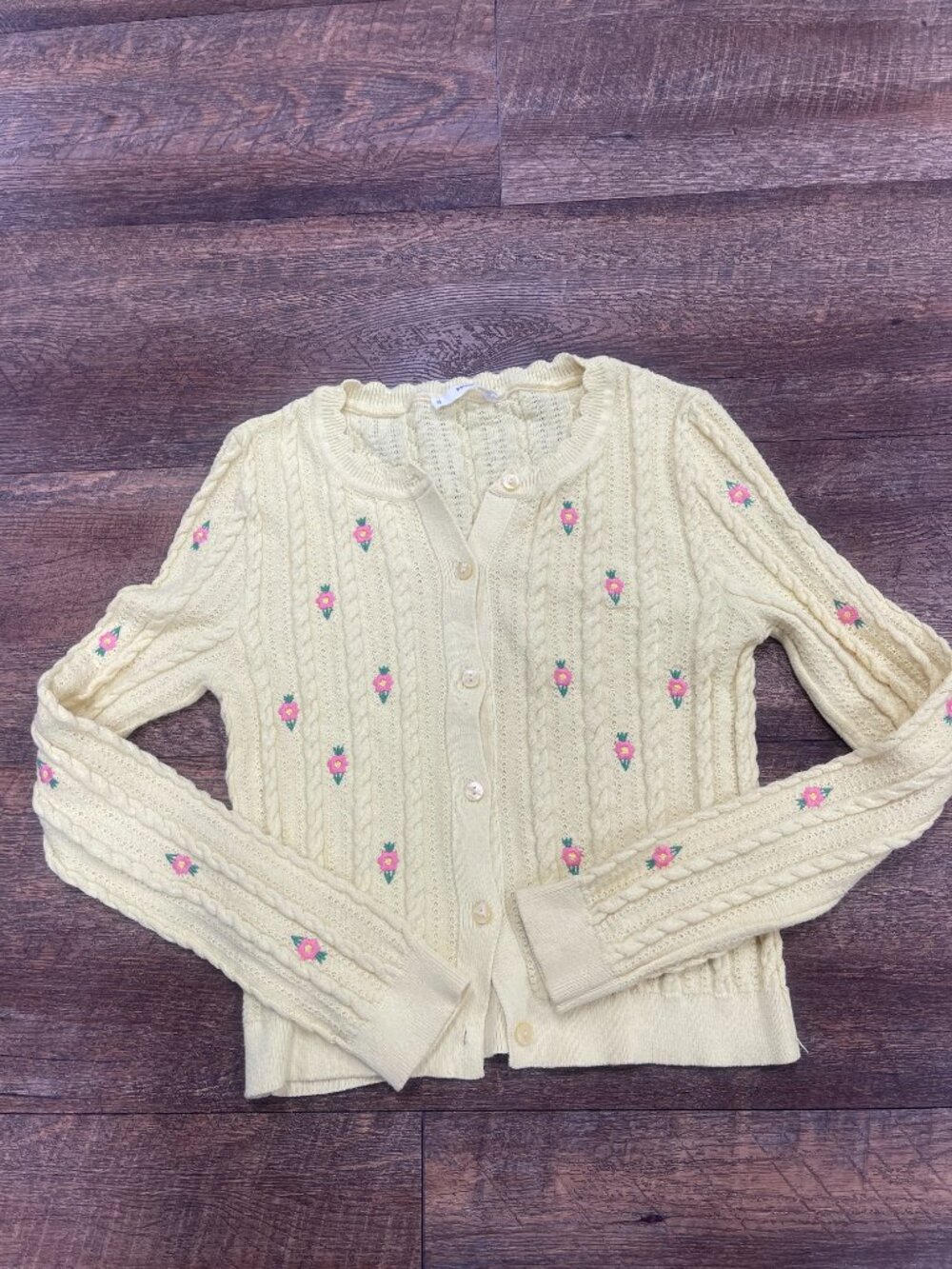 Butter Yellow Floral Cable Knit Cottagecore Cardigan Medium - Picture 2 of 9